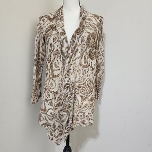 ALBERTO MAKALI Floral Knit OpennFront Crochet Duster Linen Cardigan XL Tan